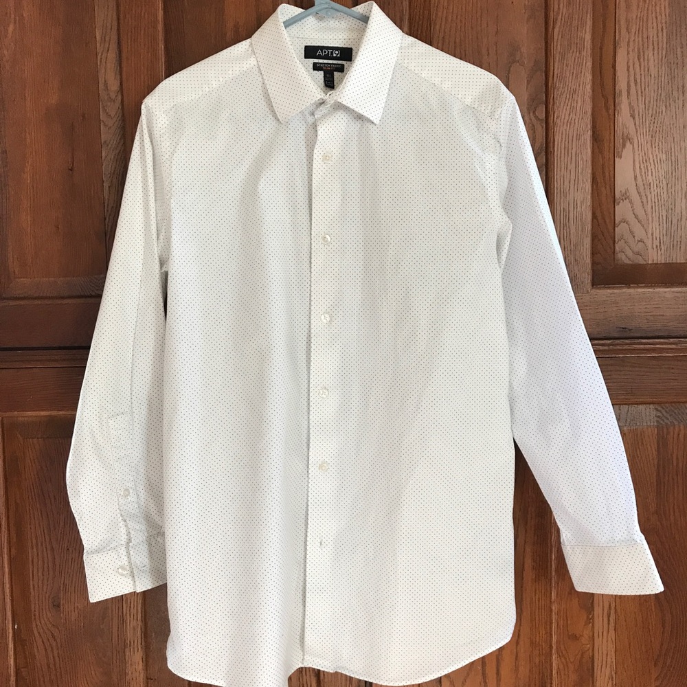Mens dress shirt. Wide collar. White with blue dot pattern.